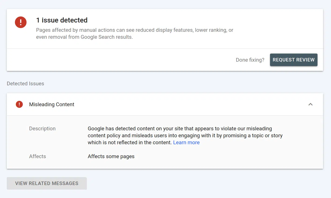 Misleading Content manual actions penalty is one of the News and Discover Policy Violations penalty in Google Search Console