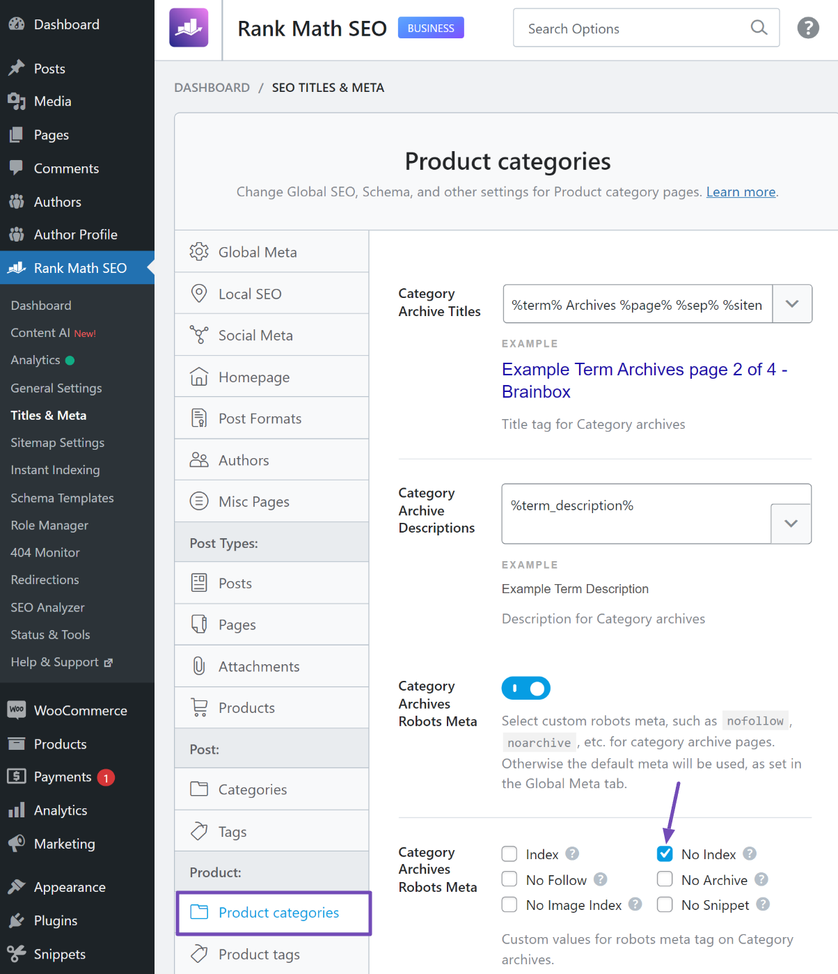 Product category archives indexing