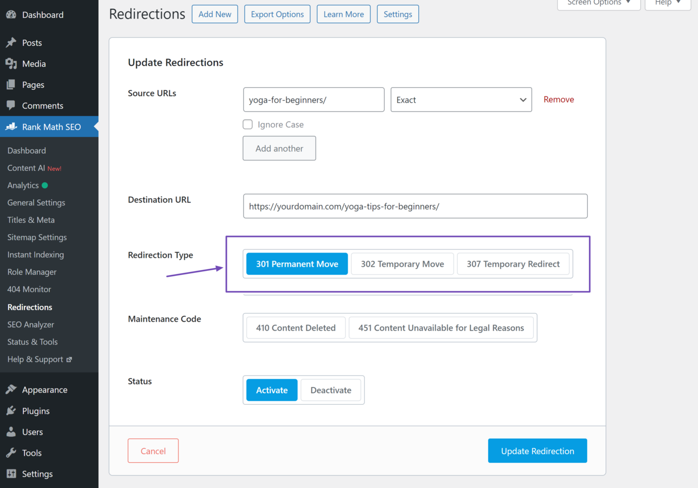 Sample of a 301 and 302 redirect created using Rank Math