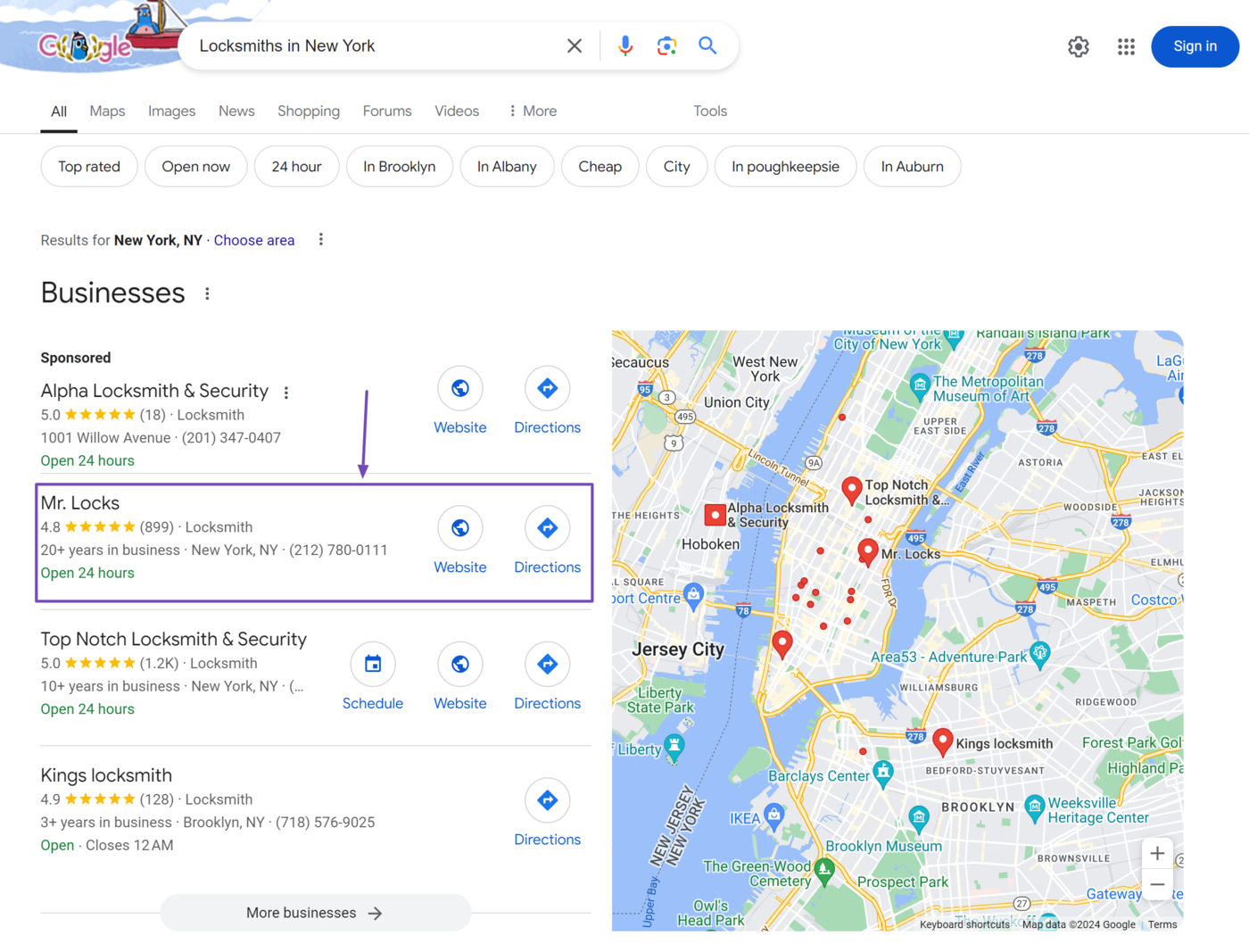 Sample of the local search results showing the business name, address, phone number, opening time, and customer ratings