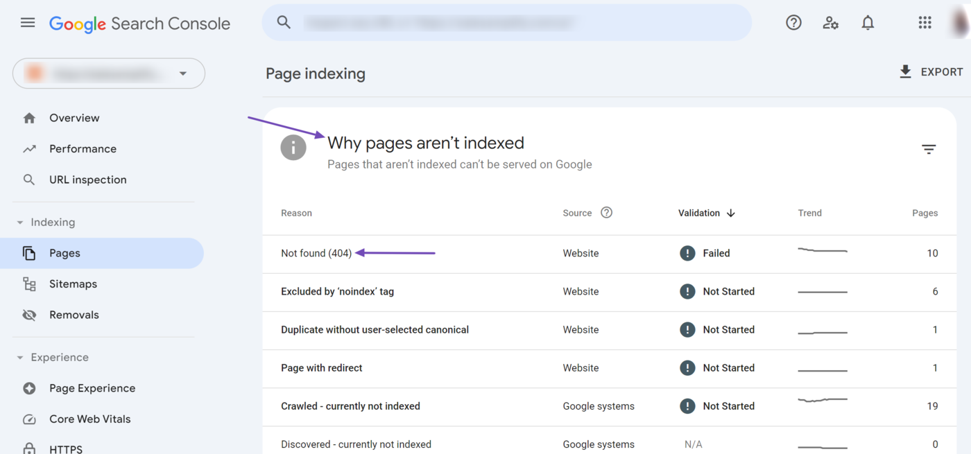 Scroll to the Why pages aren't indexed section and click Not found (404)