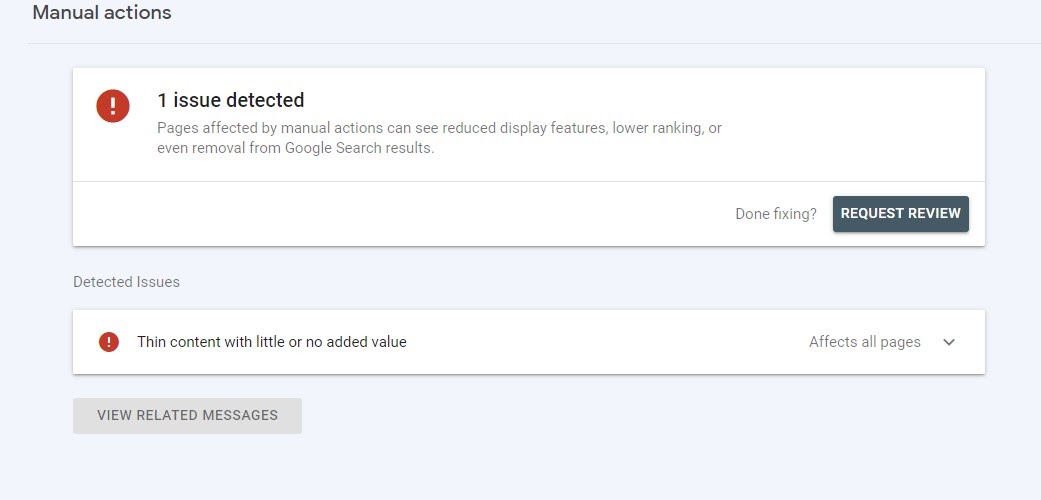 Thin Content With Little or No Added Value penalty in Google Search Console