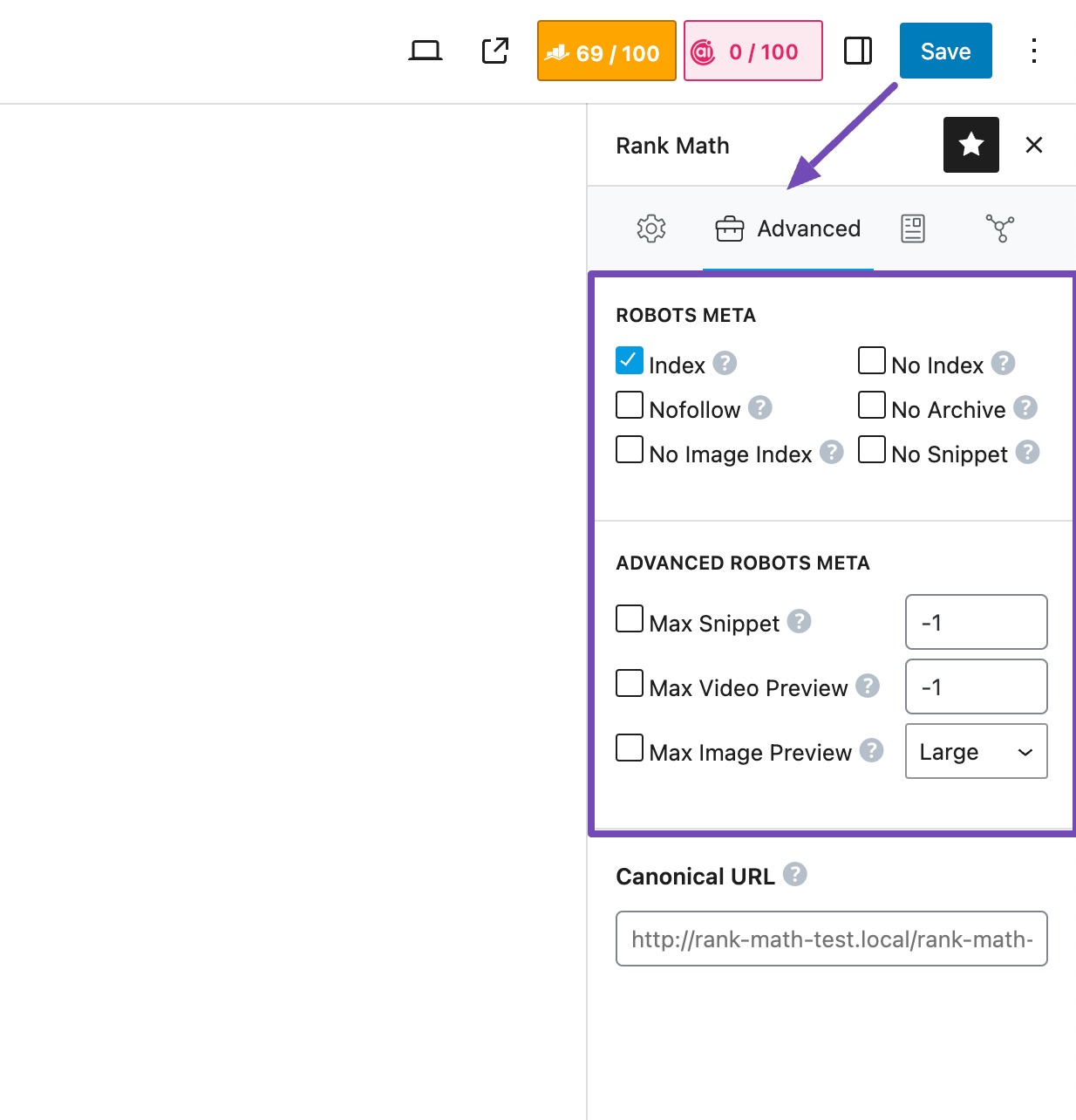 The Robots Meta option in Rank Math's Advanced tab