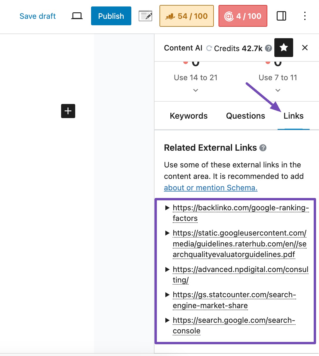 Find links using AI research feature in Rank Math