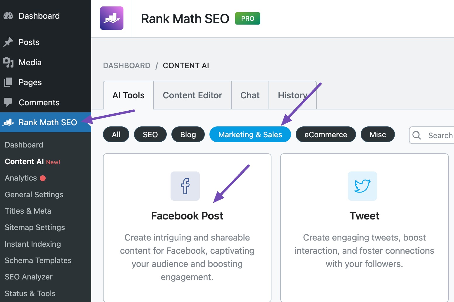 Facebook Post AI tool in Rank Math