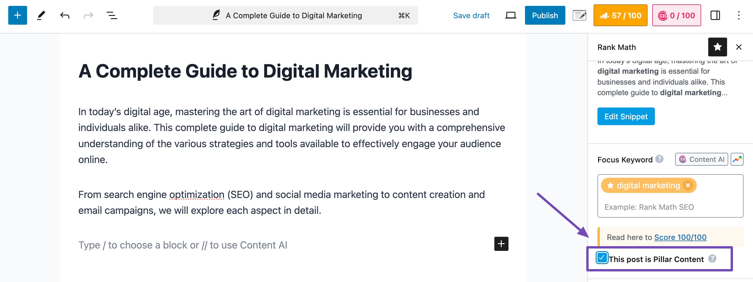 Pillar content in Rank Math SEO to create topical authority