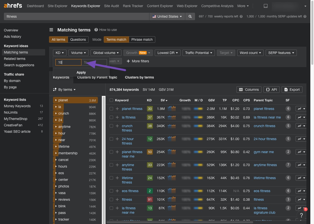 Apply filter with a minimum search volume of 10 in Ahrefs