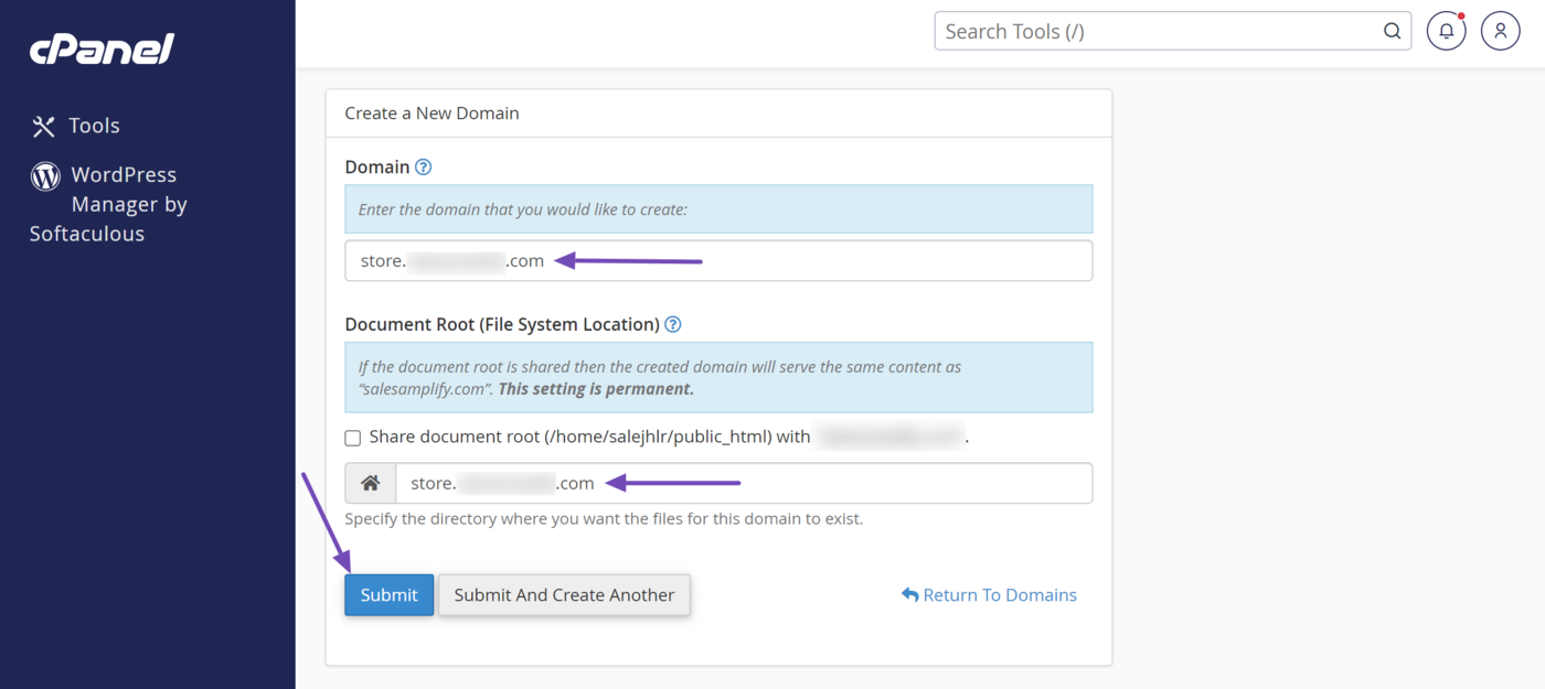 Enter the subdomain URL and specify a directory for it