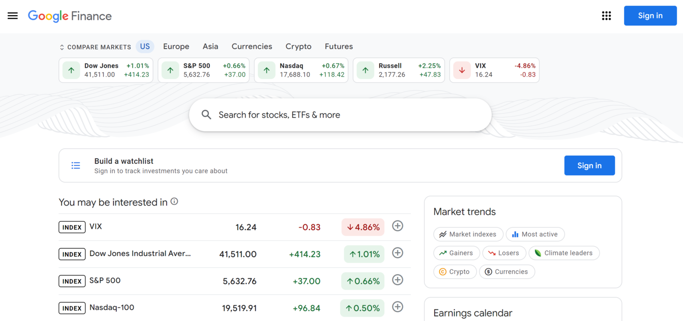 Image of the Google Finance vertical search engine