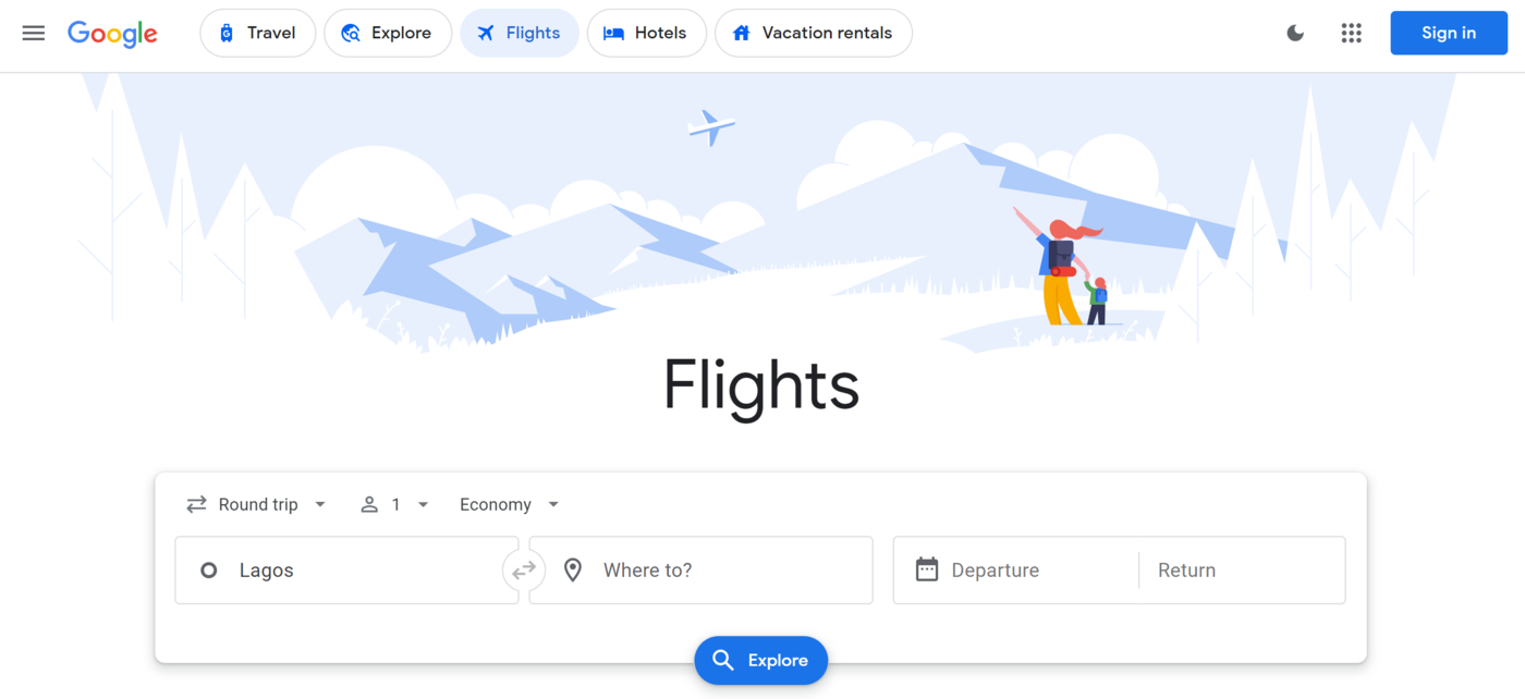 Image of the Google Flights vertical search engine