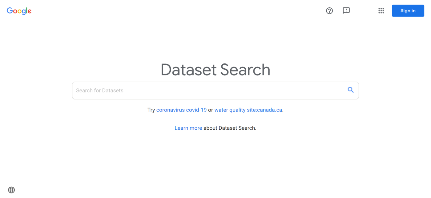 Sample of the Google Dataset Search page