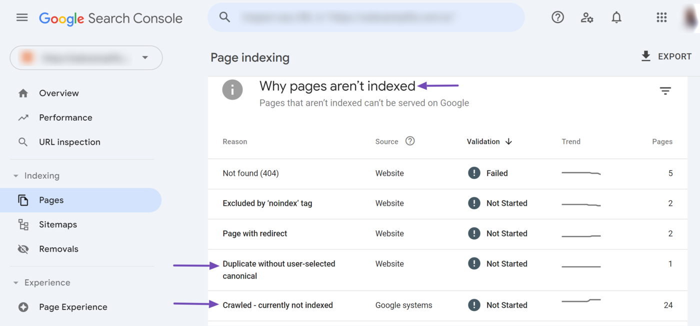 Scroll down to the Why pages aren’t indexed field