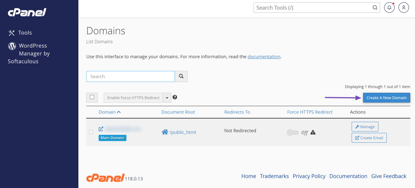 Select Create a New Domain in cPanel