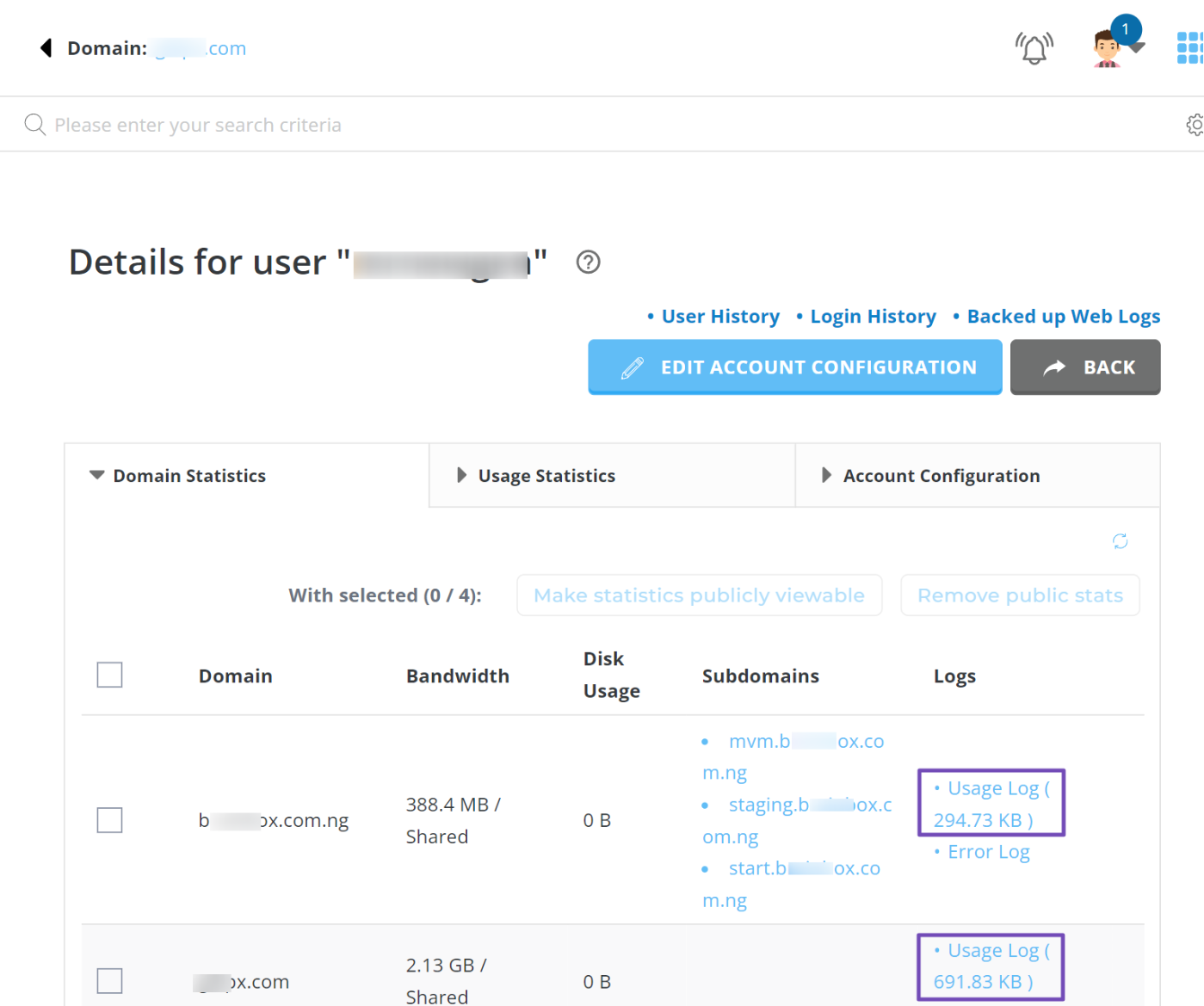 View a domain's server logs