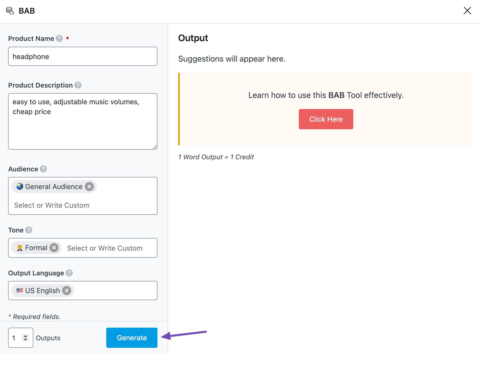 Generate BAB using Content AI