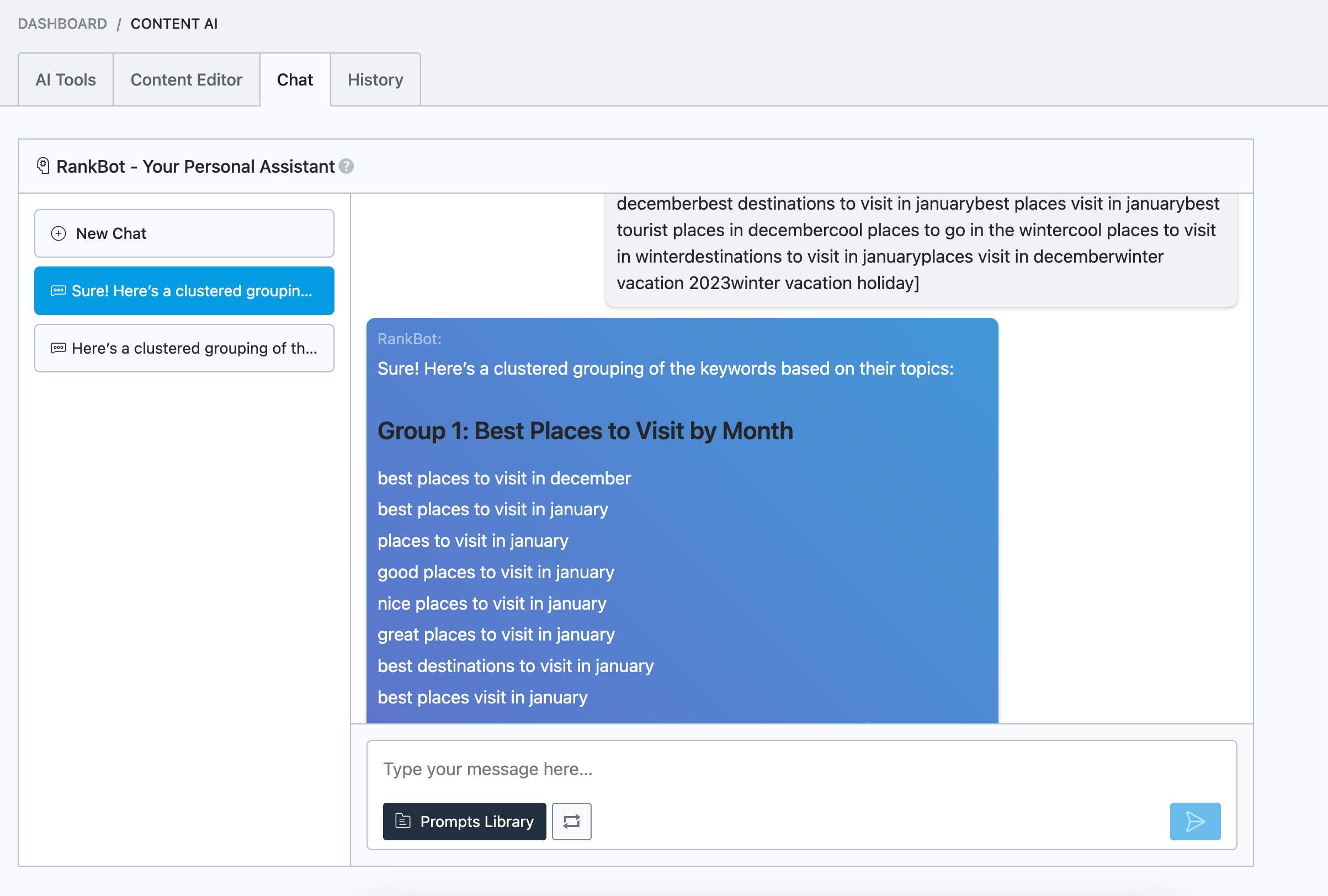 Keyword Cluster example in RankBot