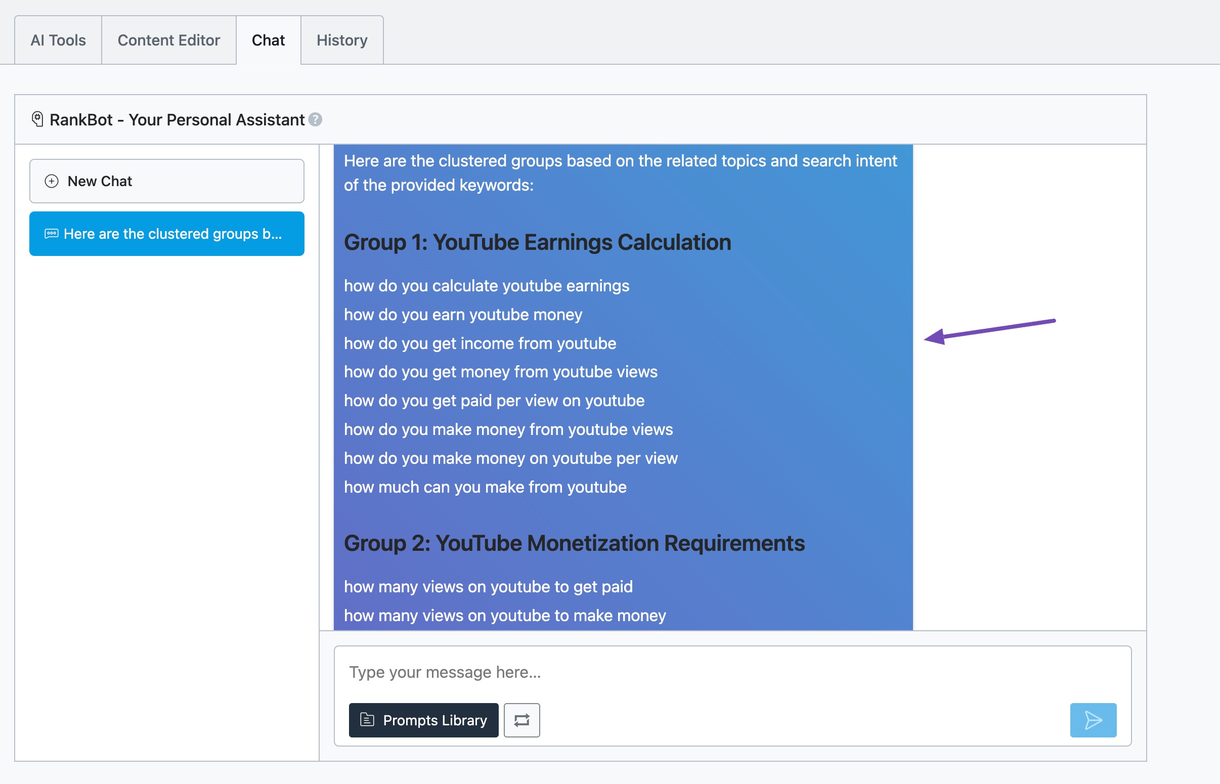 Keyword Cluster created in RankBot