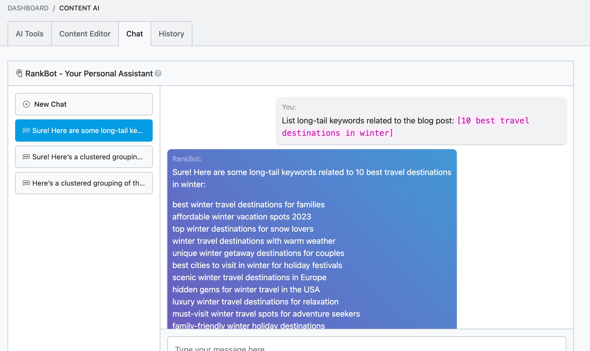 Long tail keywords in RankBot