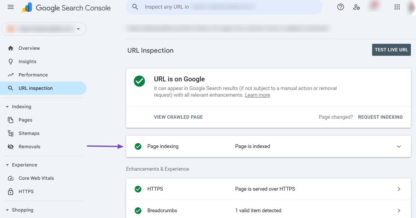 Click Page Indexing in your URL inspection report