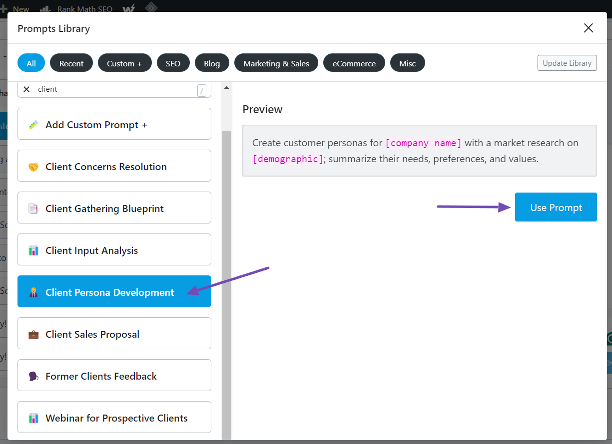 Client Persona Development prompt in RankBot