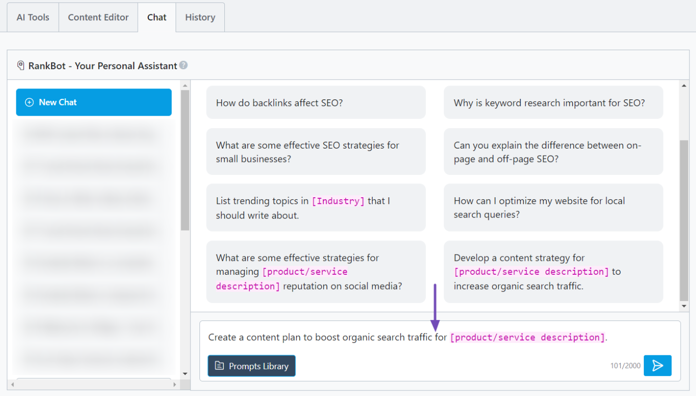 Content AI Organic Traffic Content Plan prompt on RankBot