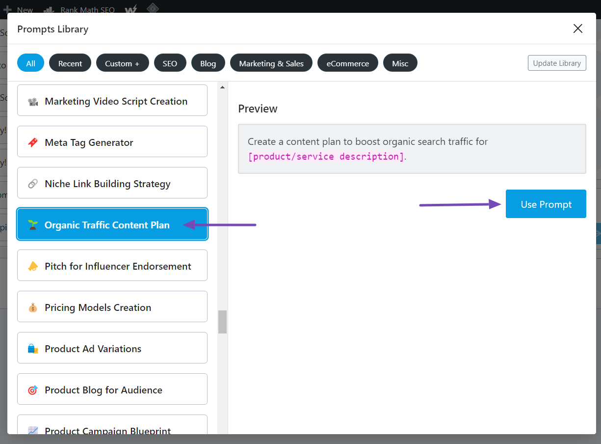 Content AI Organic Traffic Content Plan prompt