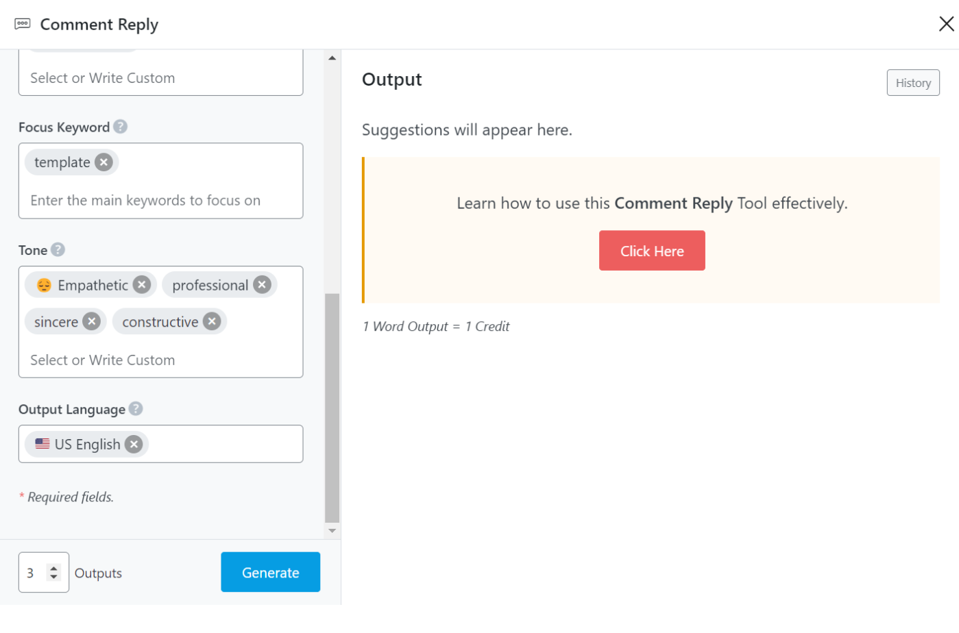 Fill in the Content AI Comment Reply tool fields completely