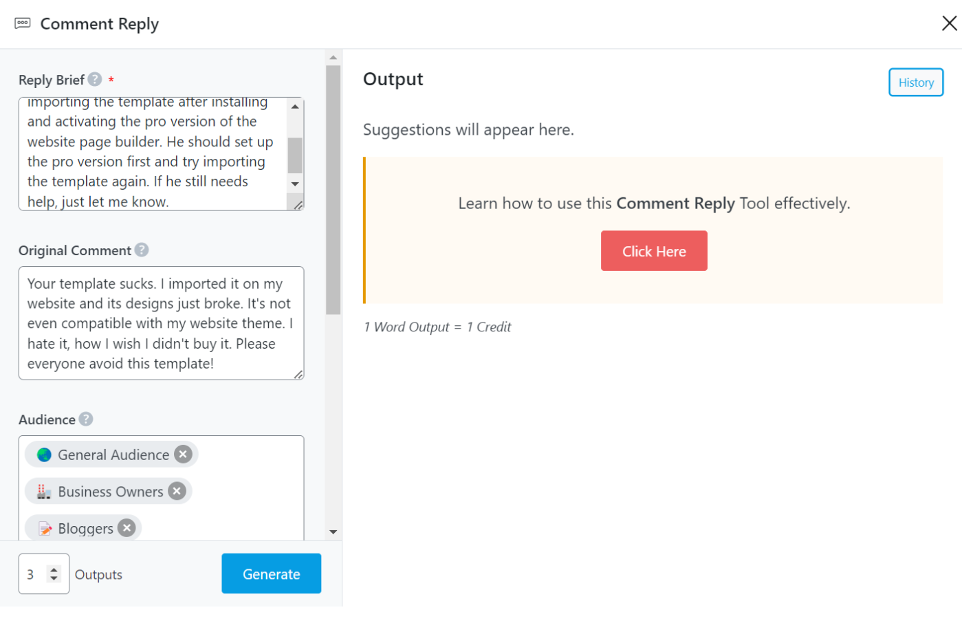 Fill in the Content AI Comment Reply tool fields