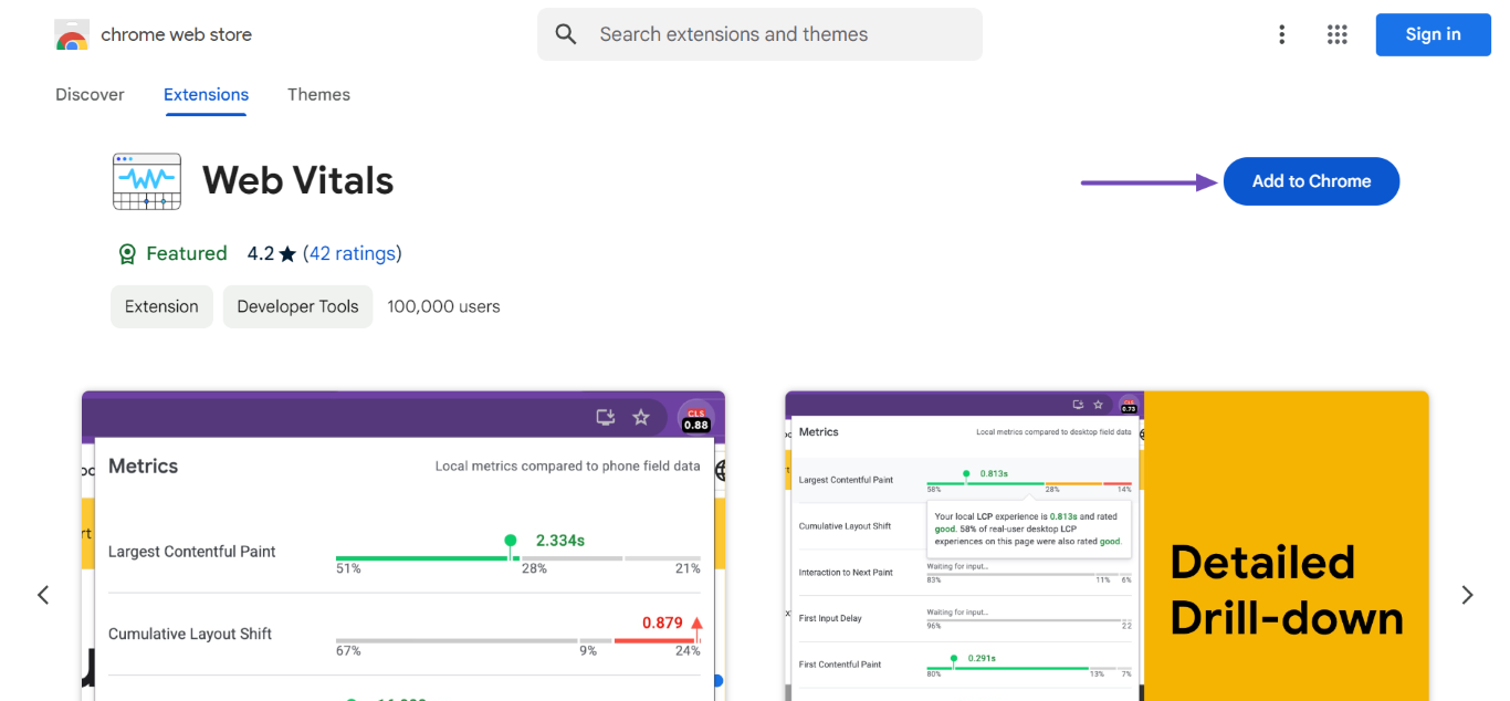 Head to the Chrome Web Store and download the Web Vitals extension