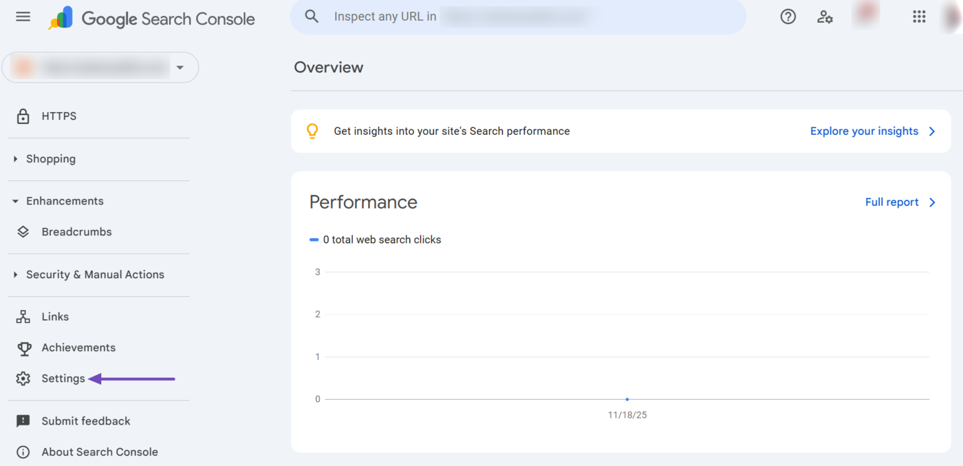 Log into Google Search Console and click Settings