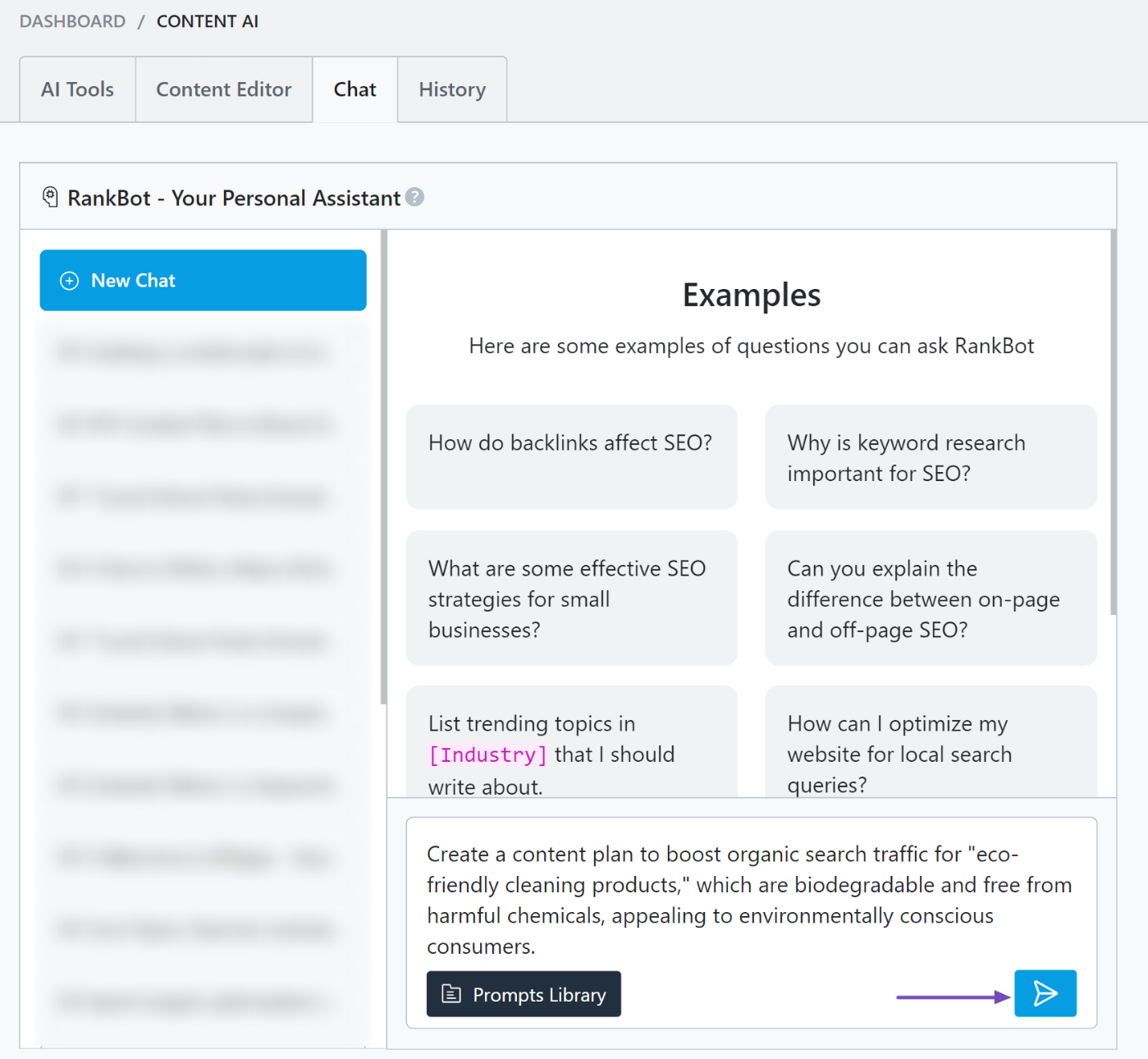 Modify the Content AI Organic Traffic Content Plan prompt on RankBot