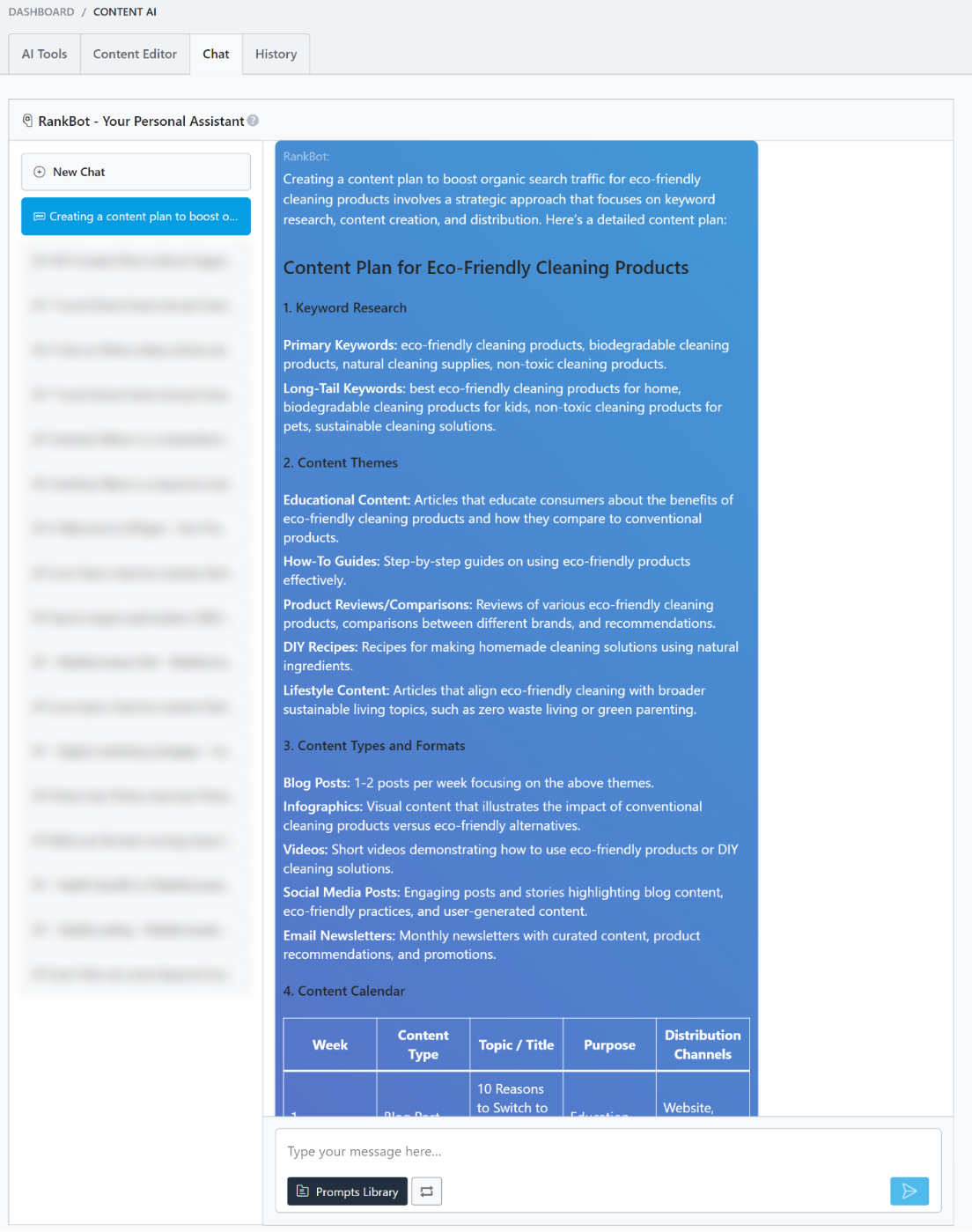 RankBot generates a detailed content plan based on input