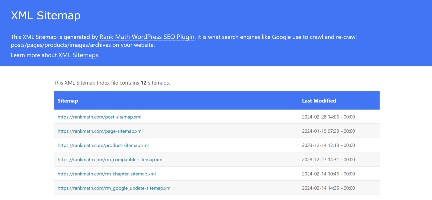 Sample of our sitemap at rankmath.com/sitemap.xml