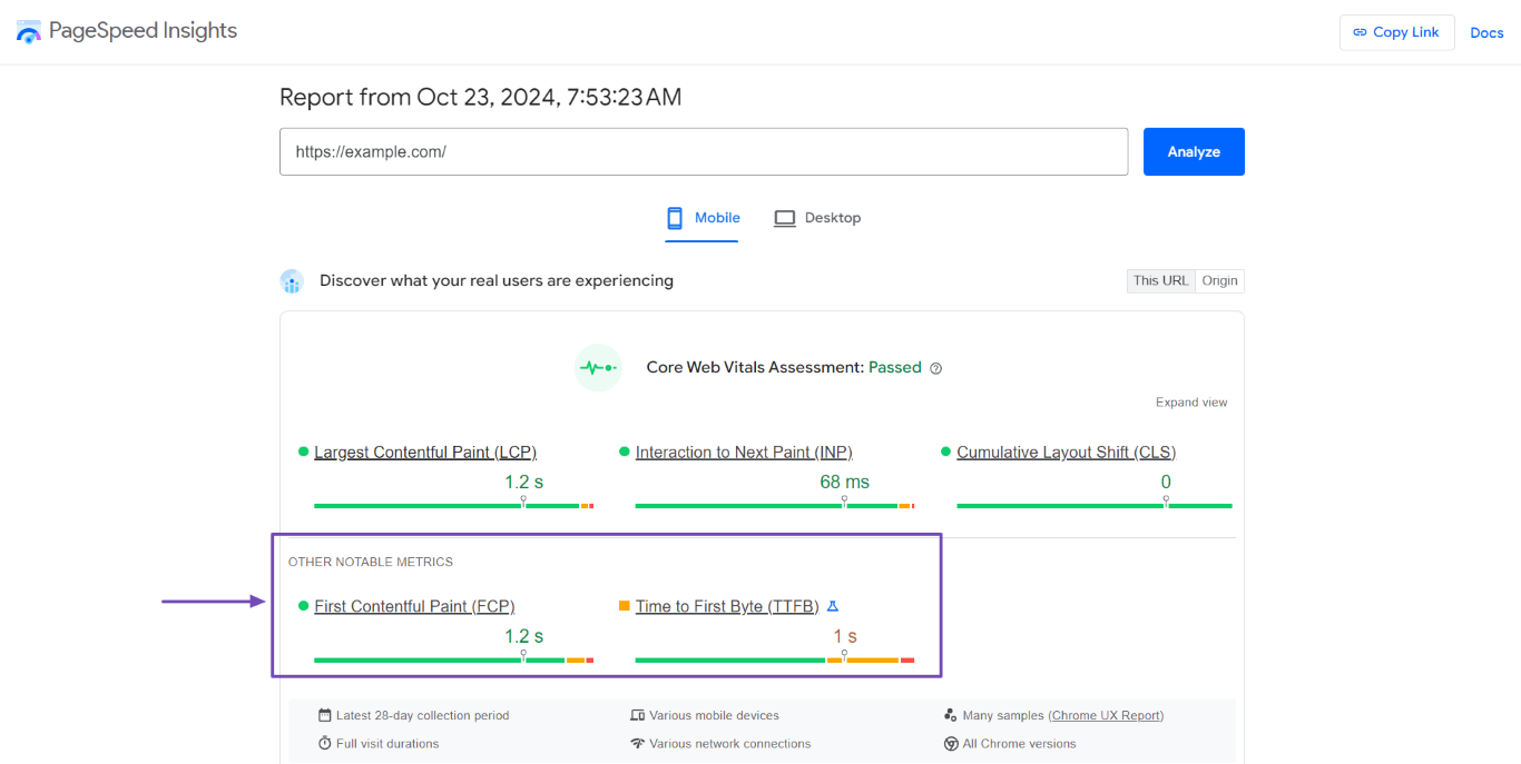 Sample of the Core Web Vitals supporting metrics