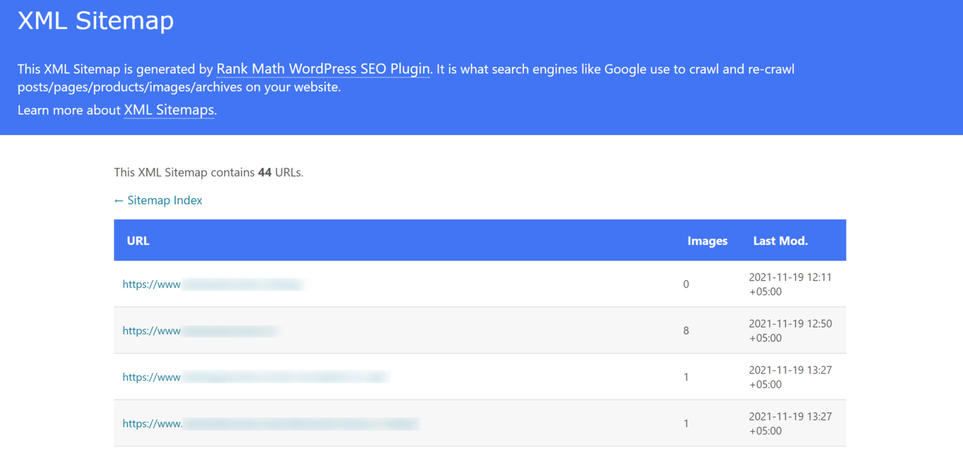 Sample of the XML sitemap