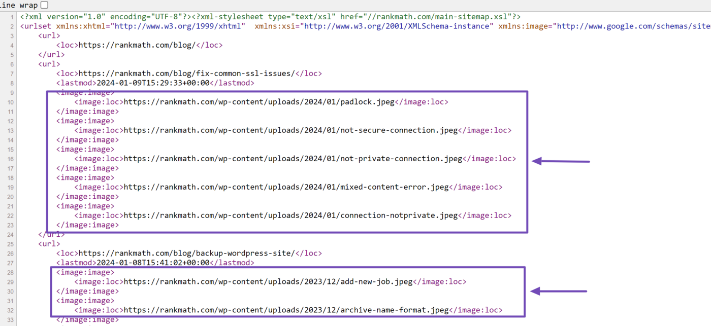 Sample of the image URLs in the sitemap