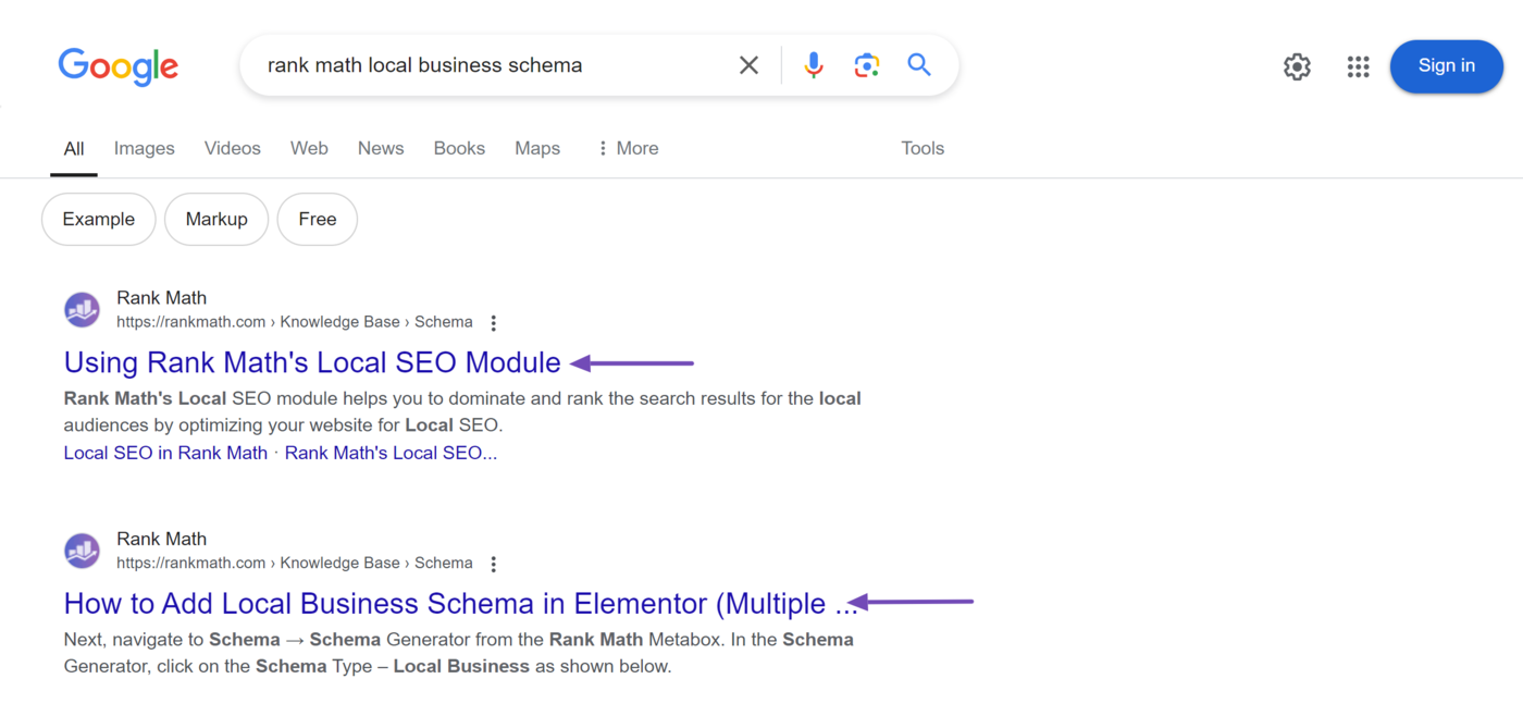 Sample of the meta title on search results pages