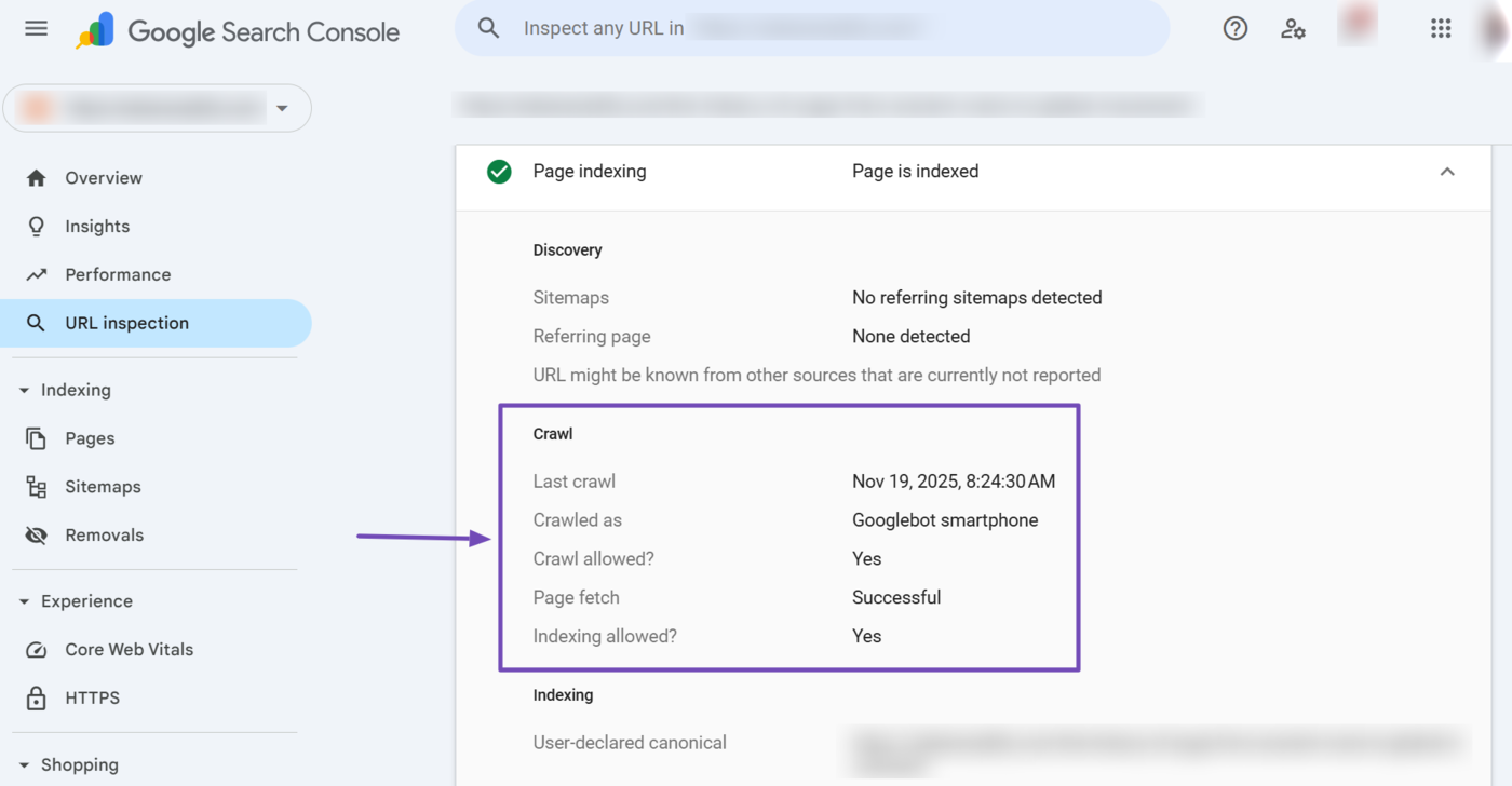 Scroll to the Crawl section of your URL inspection report