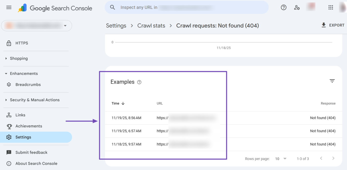 Scroll to the Examples field to see the URLs affected by the specific issue