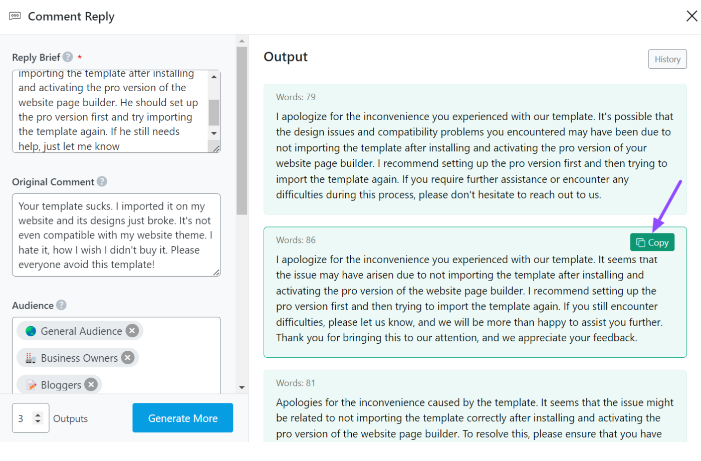 copy the generated responses for negative reviews