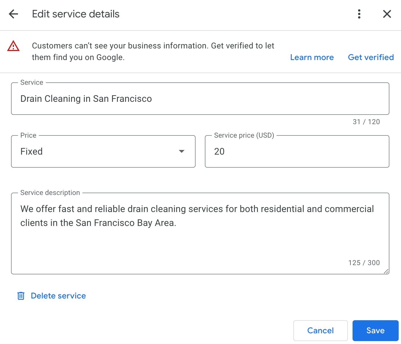 Edit services in Google Business Profile and add relevant keywords