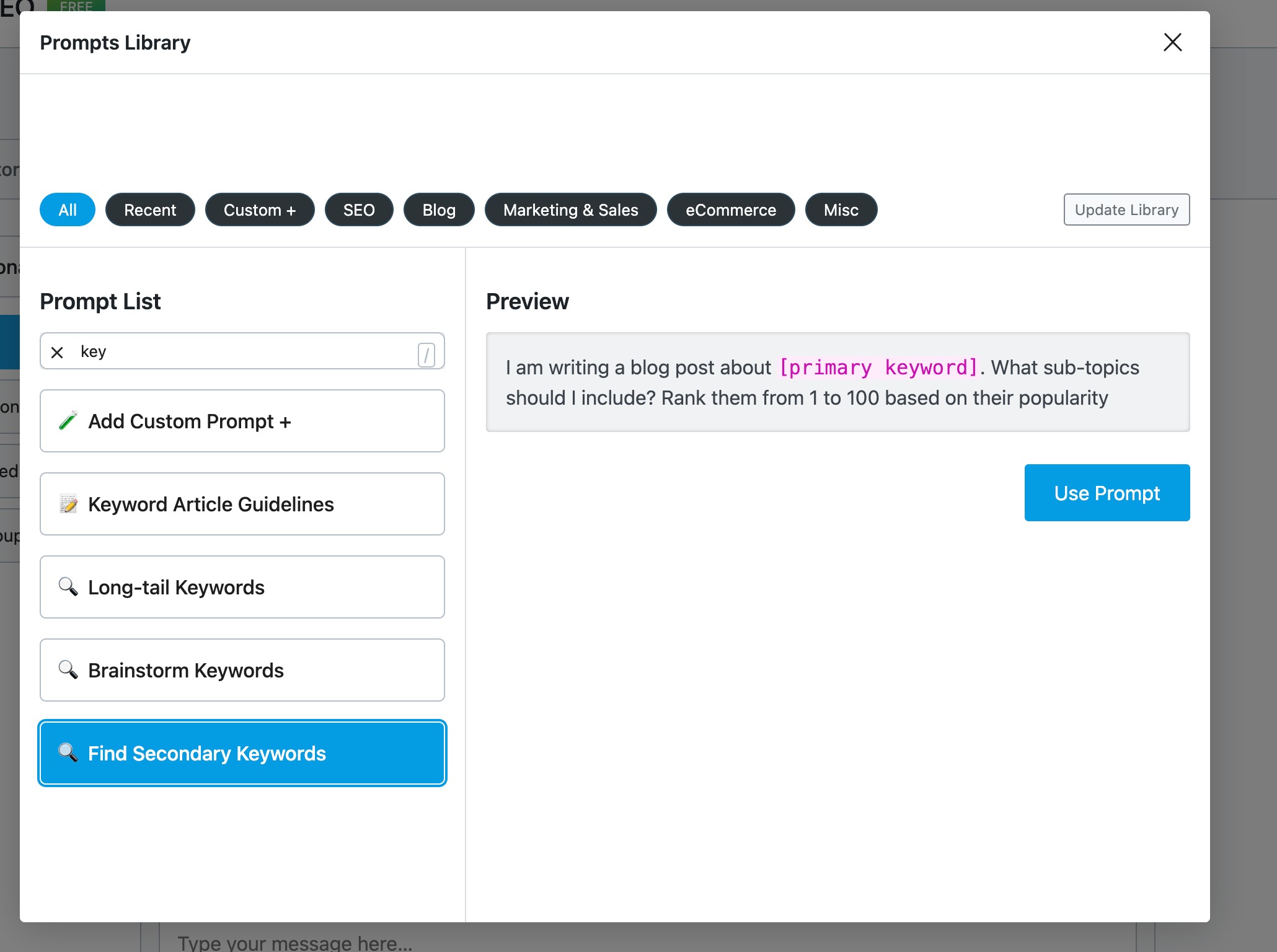 Secondary Keywords prompt