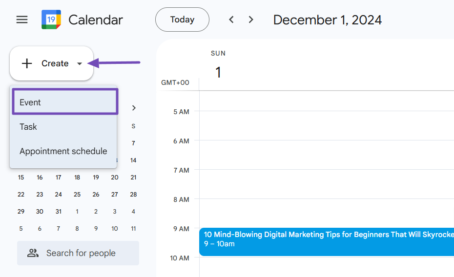 Event option on Google Calendar