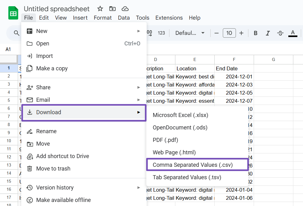 Exporting content schedule in csv format from Google sheet