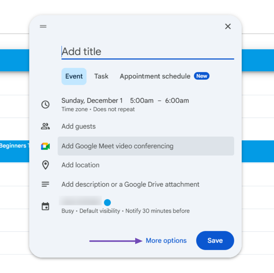 Google Calendar simplified event settings panel