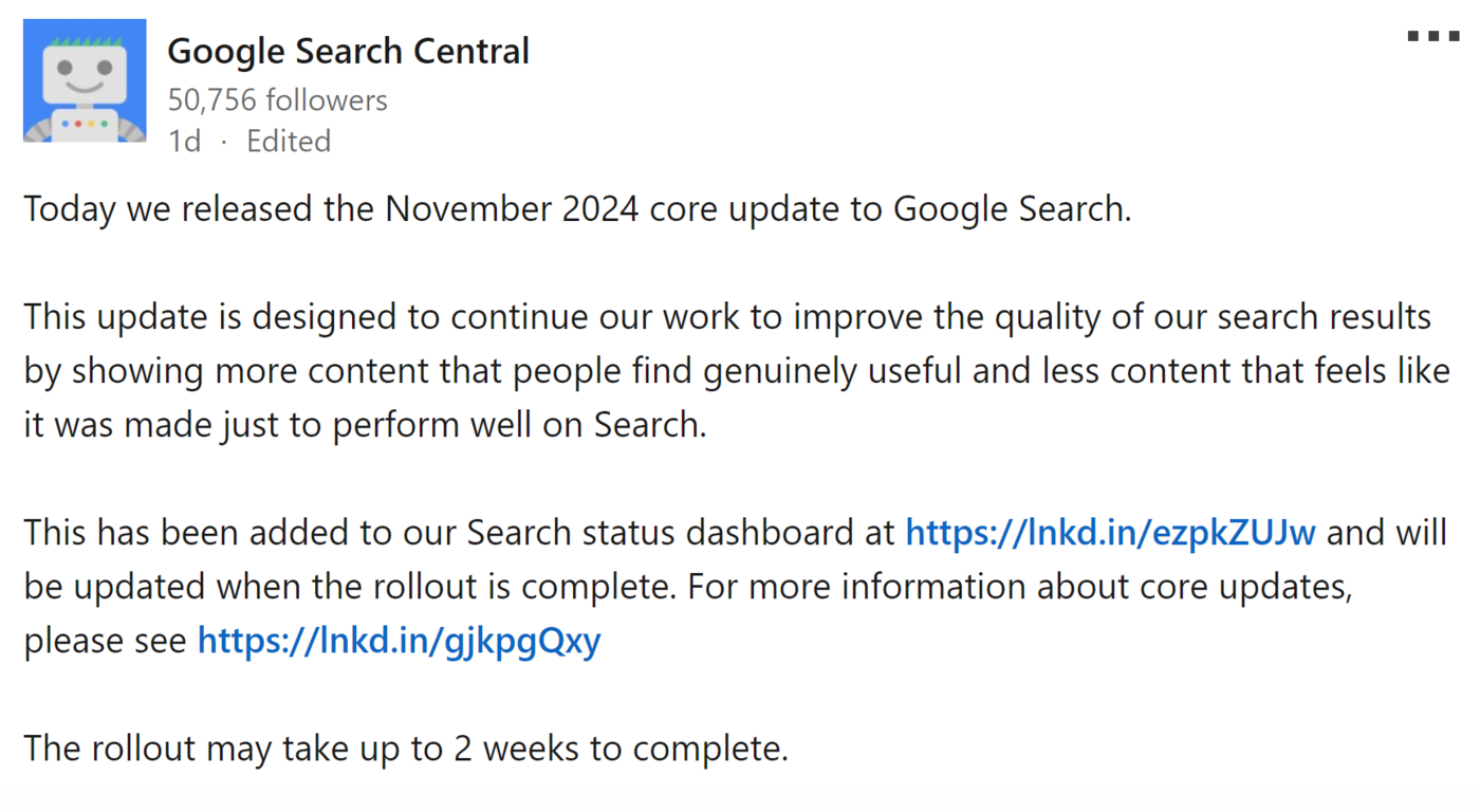 Google announces the November 2024 Core Update on LinkedIn