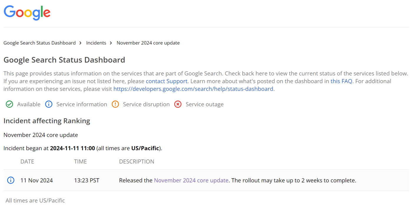 November 2024 Core Update on Google Search Status Dashboard 