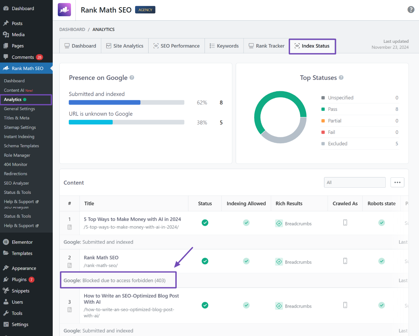 Rank Math Analytics feature