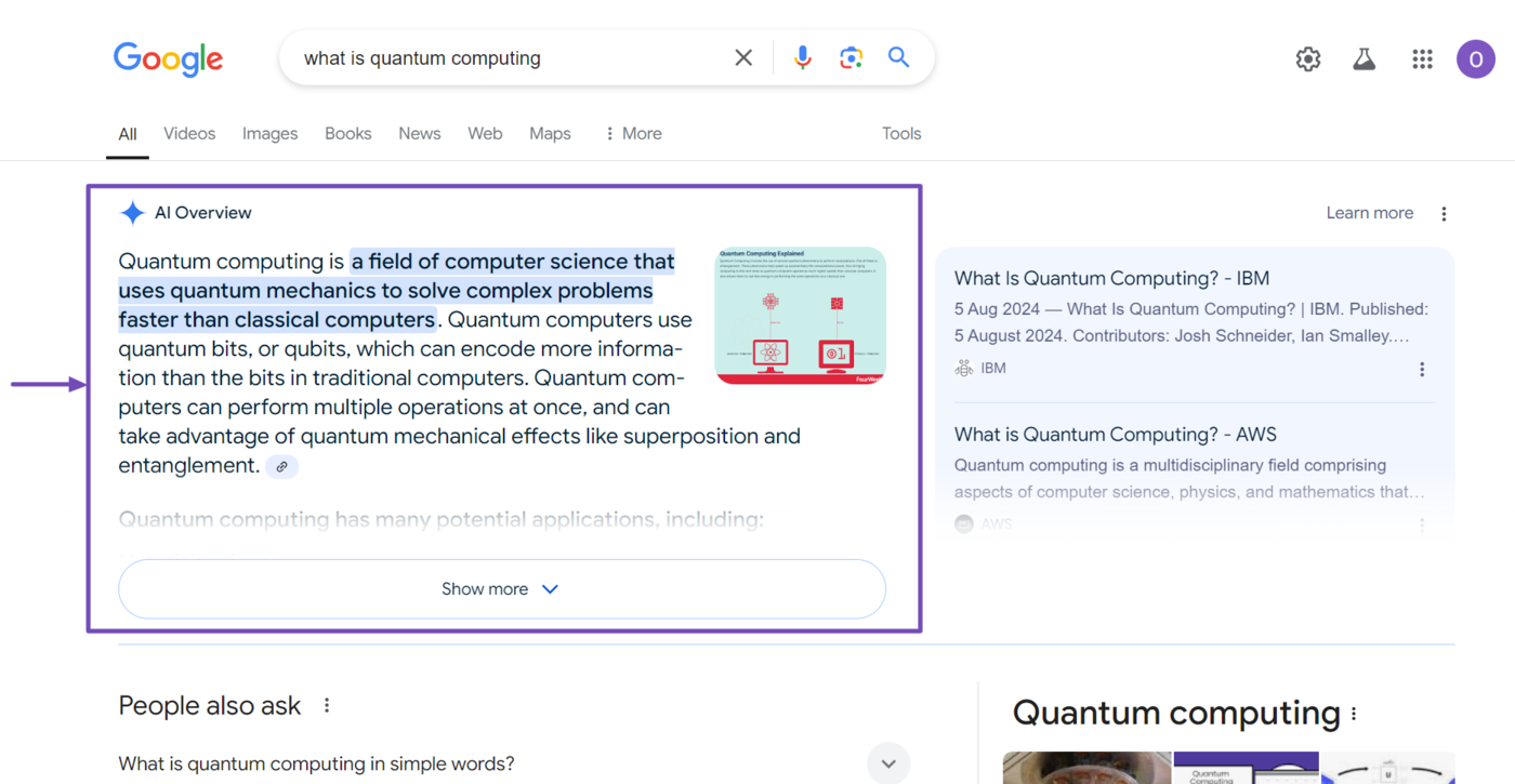 Sample of the AI overviews on Google search results page 