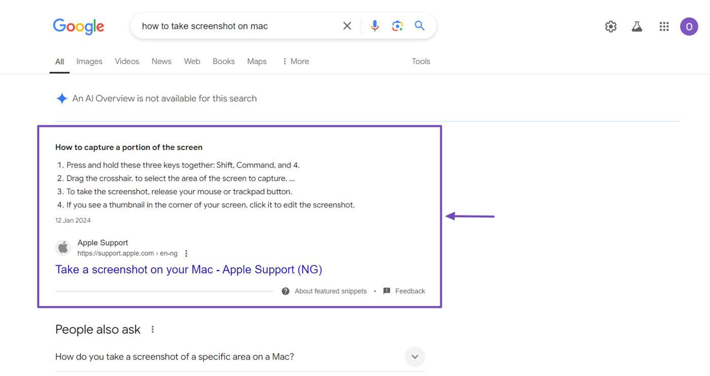 Sample of the featured snippets on Google search results page 